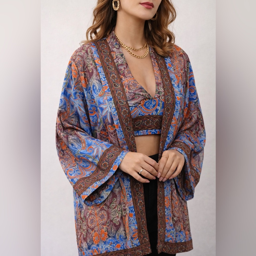 100% Silk Ibiza Beach Blouse‎ top with Jacket Kimono Boho Top Gold threading  OS